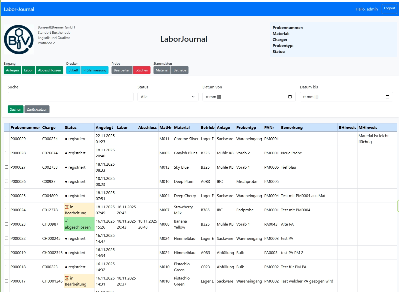 LABsBook Screenshot: Zentrales Dashboard und Probenübersicht
